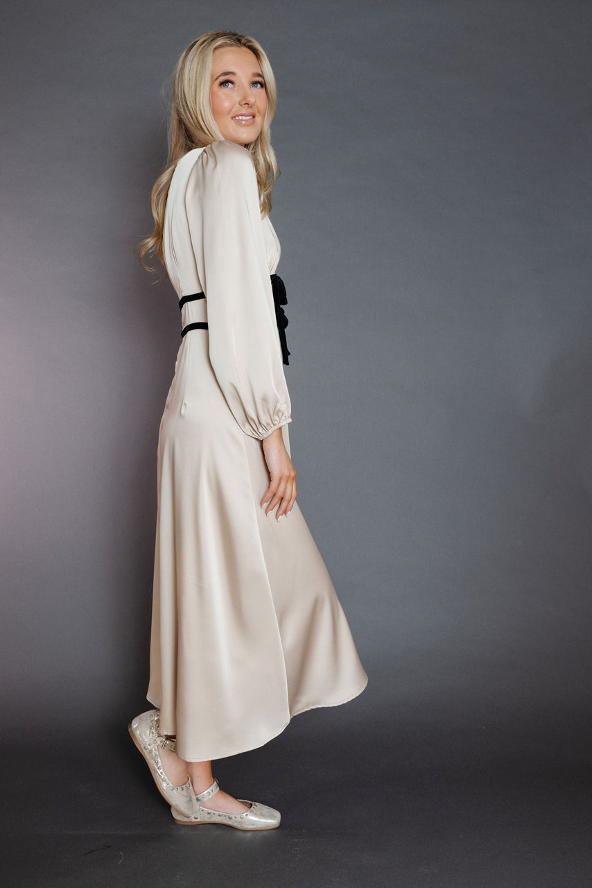 Adeline Satin Dress in Sand