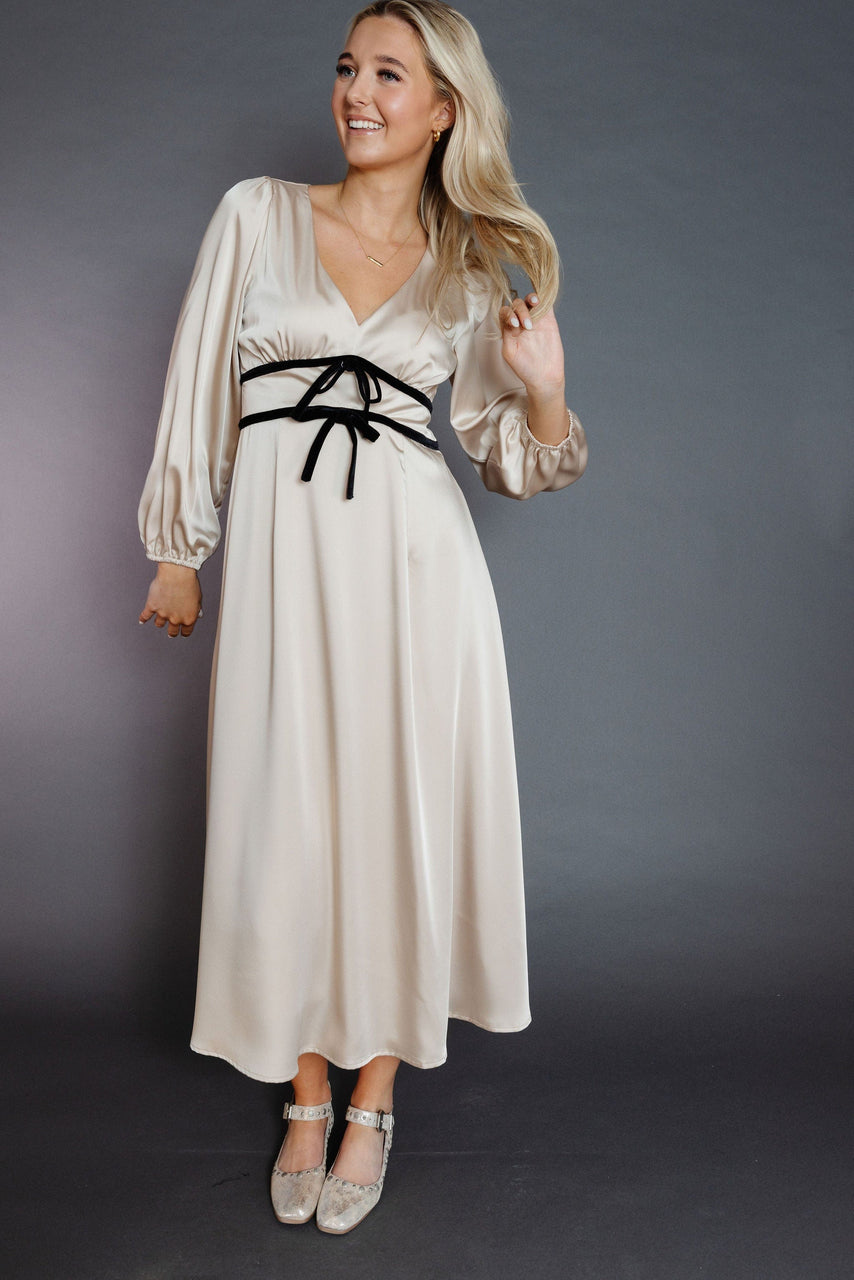 Adeline Satin Dress in Sand