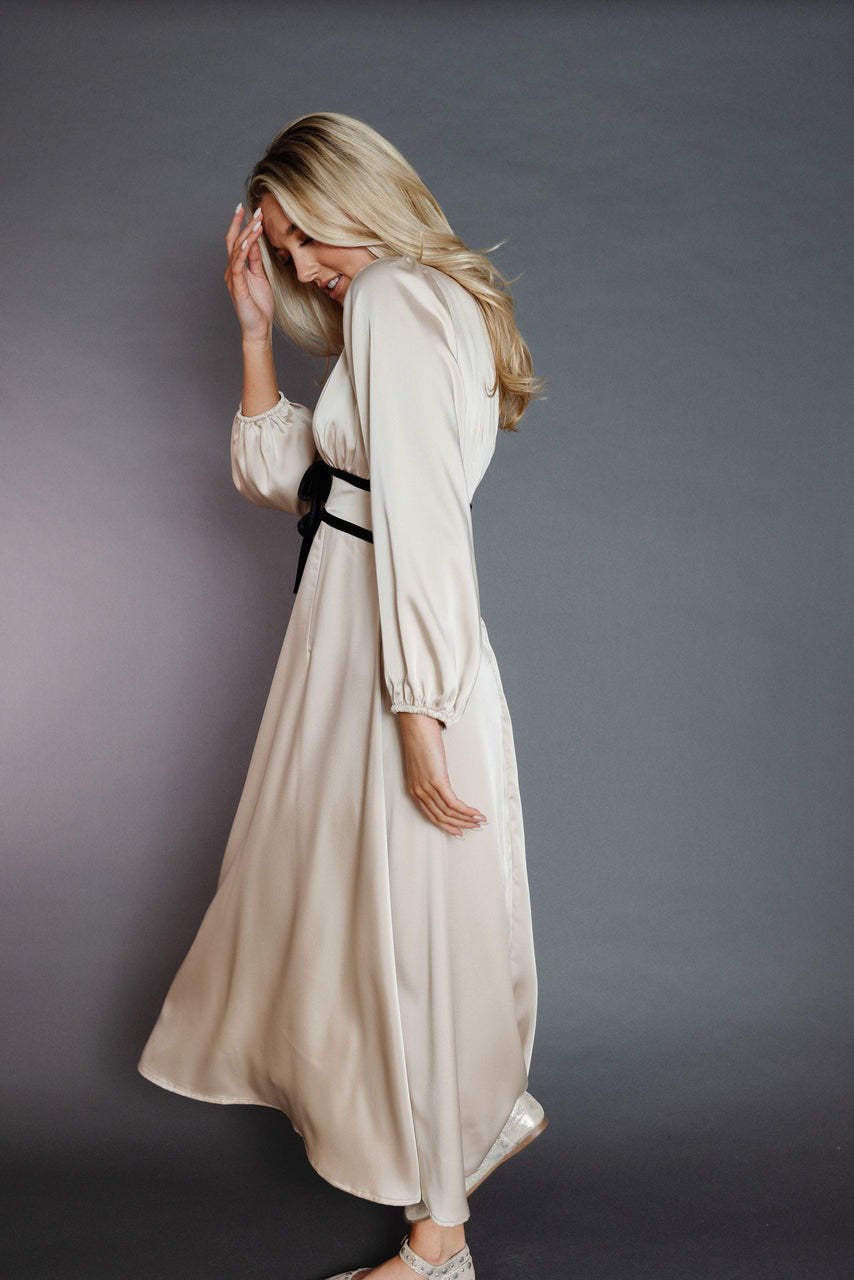 Adeline Satin Dress in Sand