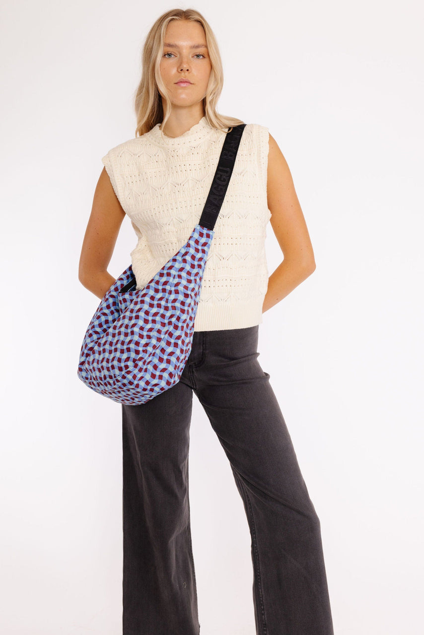 Baggu Large Nylon Crescent Bag Wavy Gingham Blue