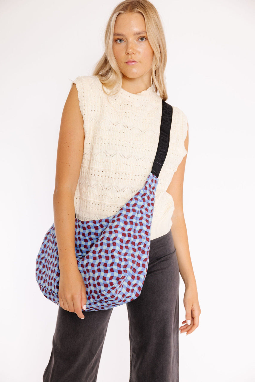 Baggu Large Nylon Crescent Bag Wavy Gingham Blue