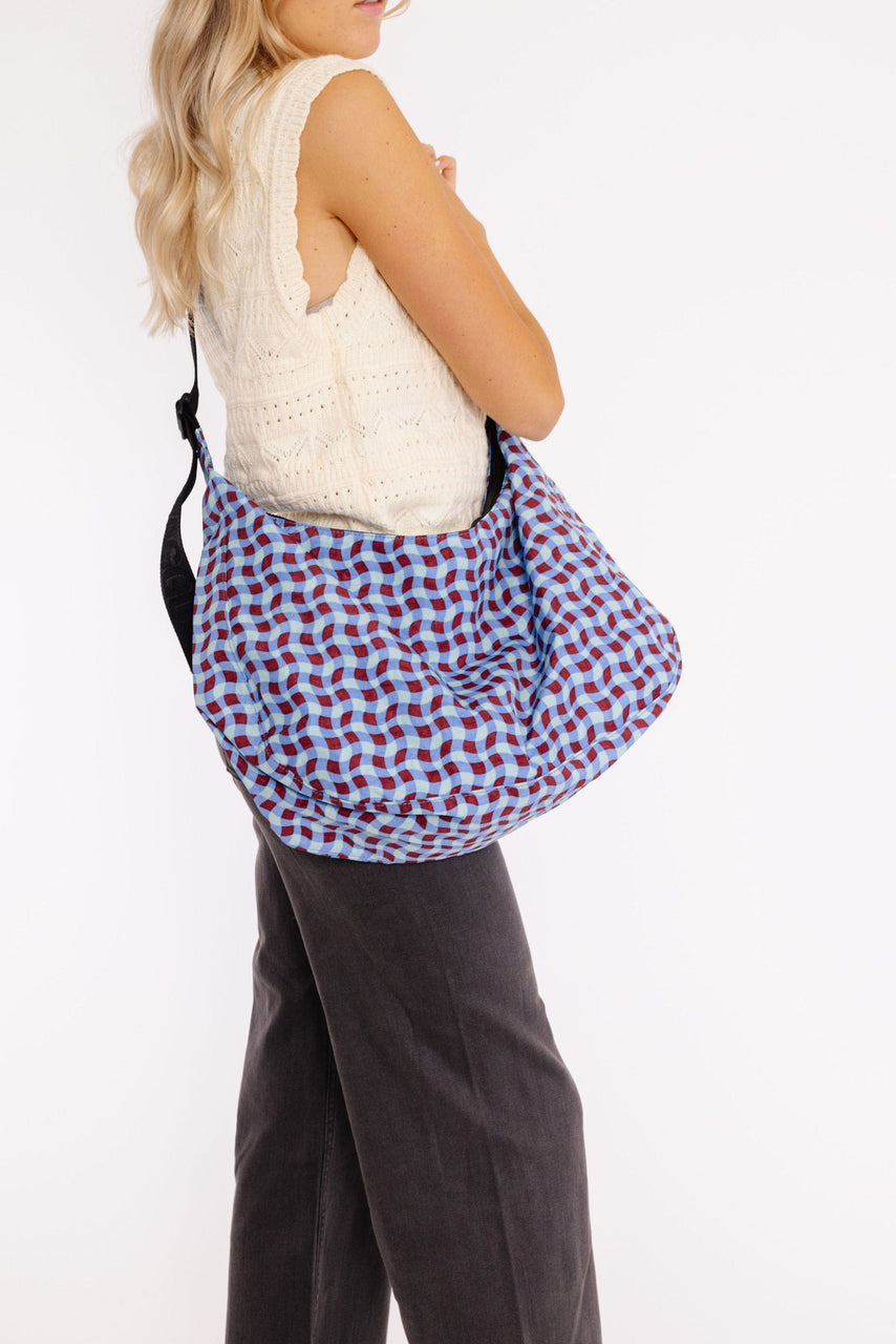 Baggu Large Nylon Crescent Bag Wavy Gingham Blue