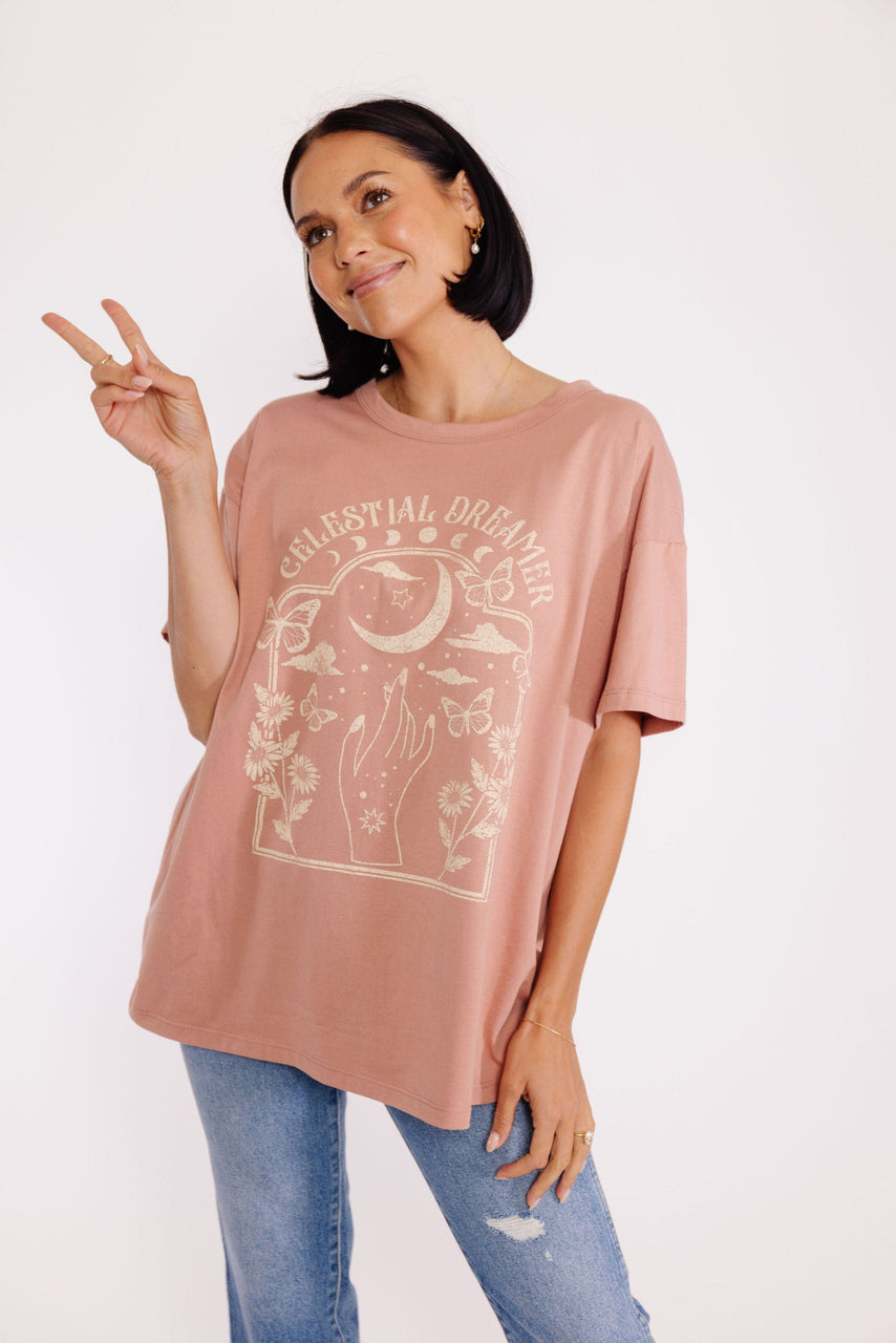 Celestial Dreamer Graphic Tee in Rosewood