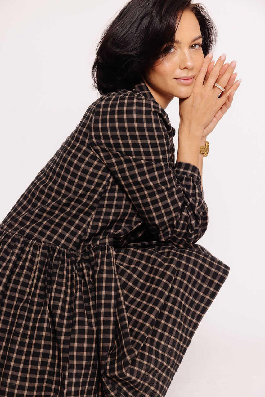 Oatley Dress in Black/Caramel Plaid
