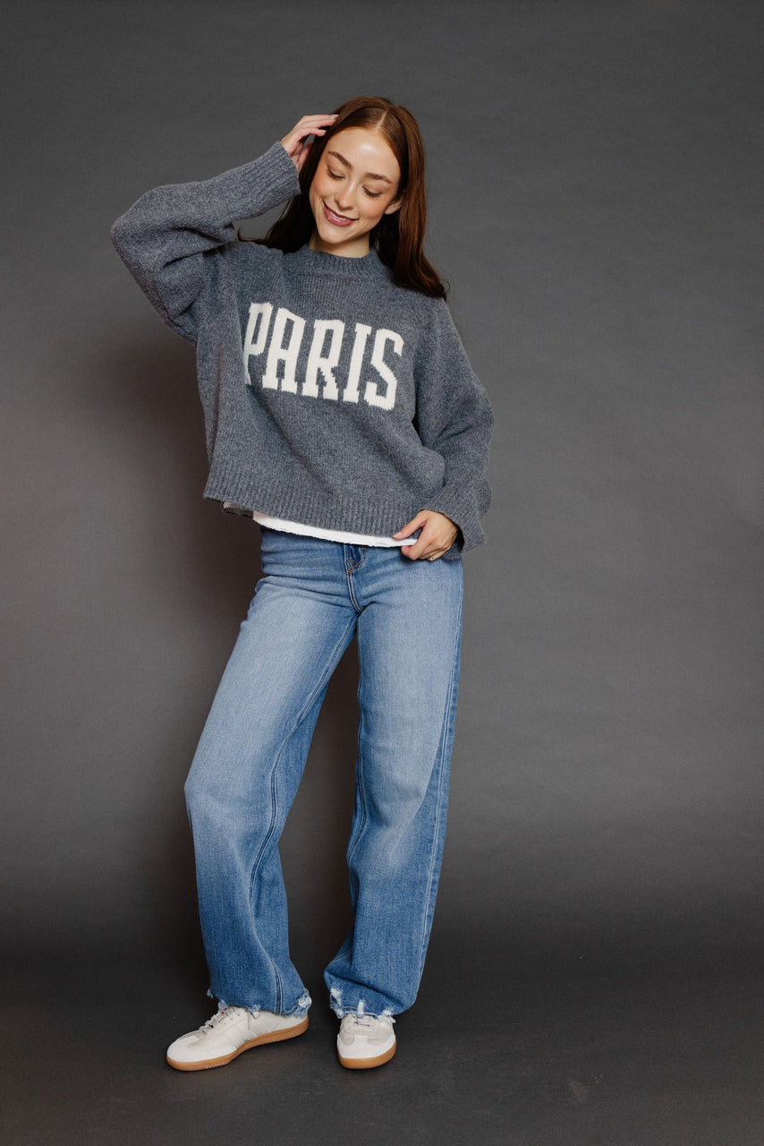 Paris Letter Front Sweater in Gray