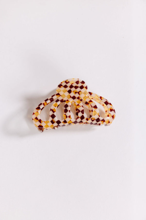 Hair Curve Claw in Small Brown Checkerboard