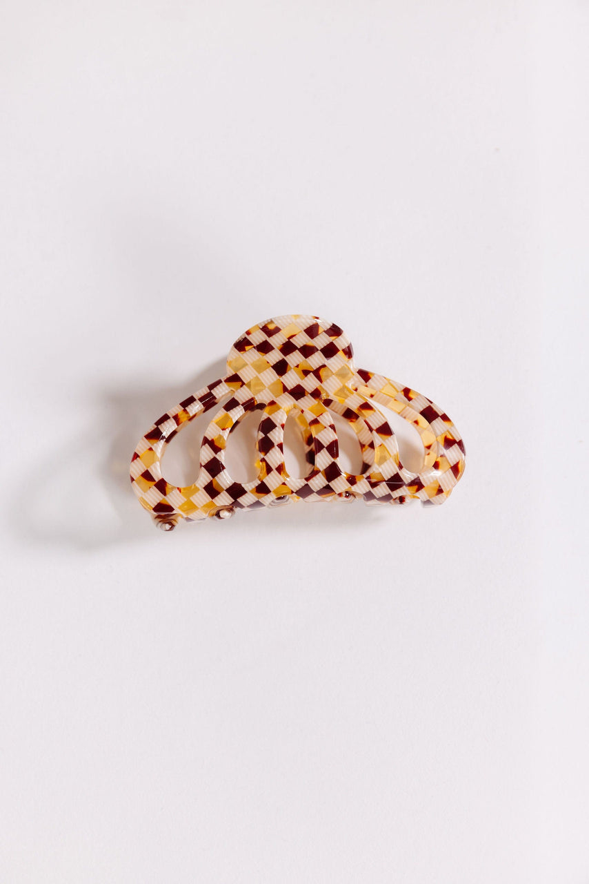 Hair Curve Claw in Small Brown Checkerboard