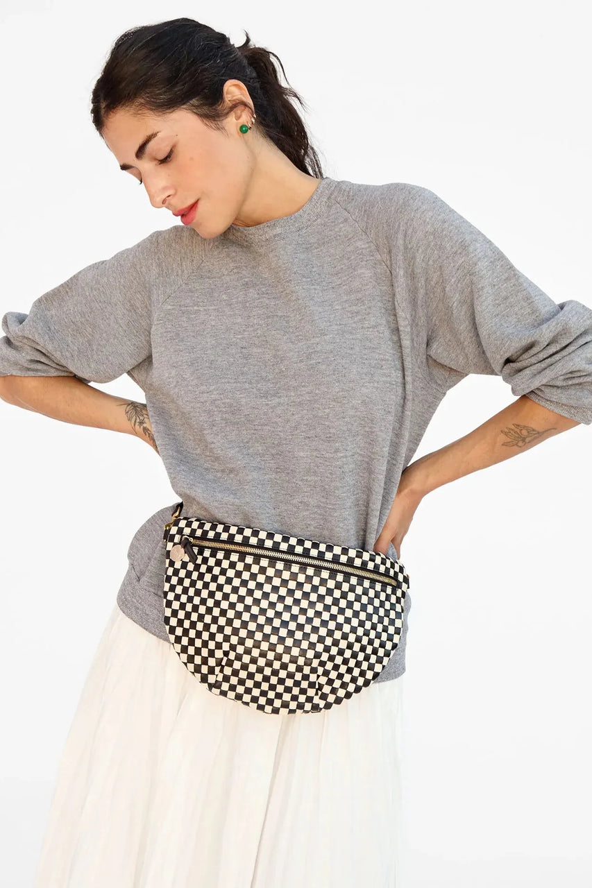 Clare V. Grande Fanny Woven Checker in Black/Cream