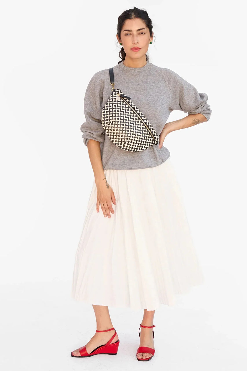 Clare V. Grande Fanny Woven Checker in Black/Cream