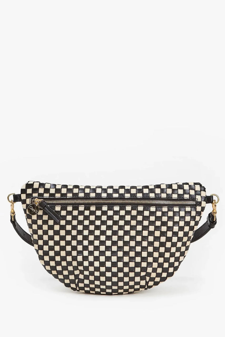 Clare V. Grande Fanny Woven Checker in Black/Cream