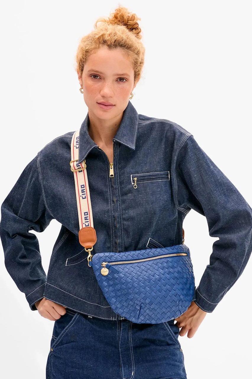 Clare V. Grande Fanny Diagonal Woven Checker in French Blue