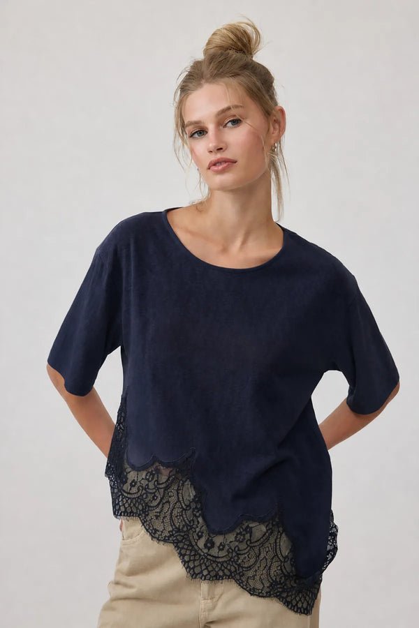 Carsyn Lace Tee in Navy