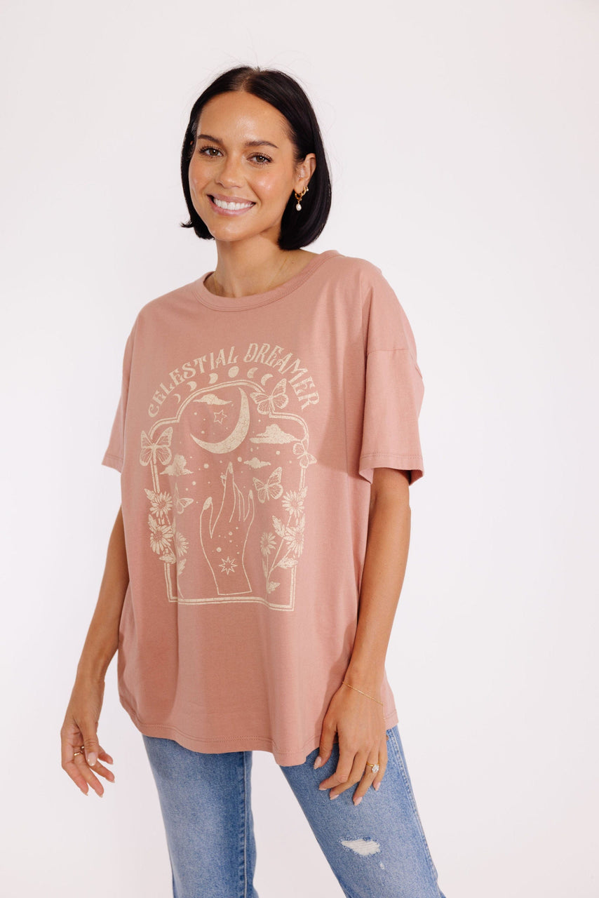 Celestial Dreamer Graphic Tee in Rosewood