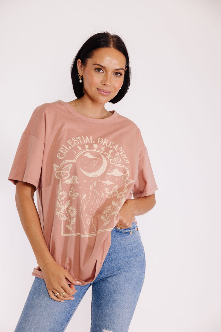 Celestial Dreamer Graphic Tee in Rosewood