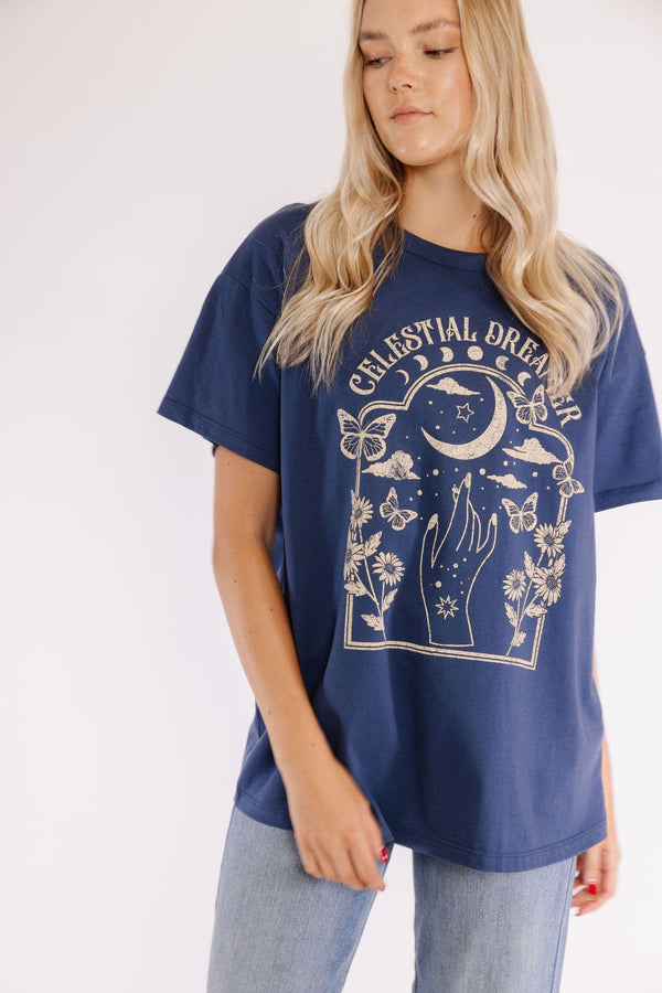 Celestial Dreamer Graphic Tee in Indigo