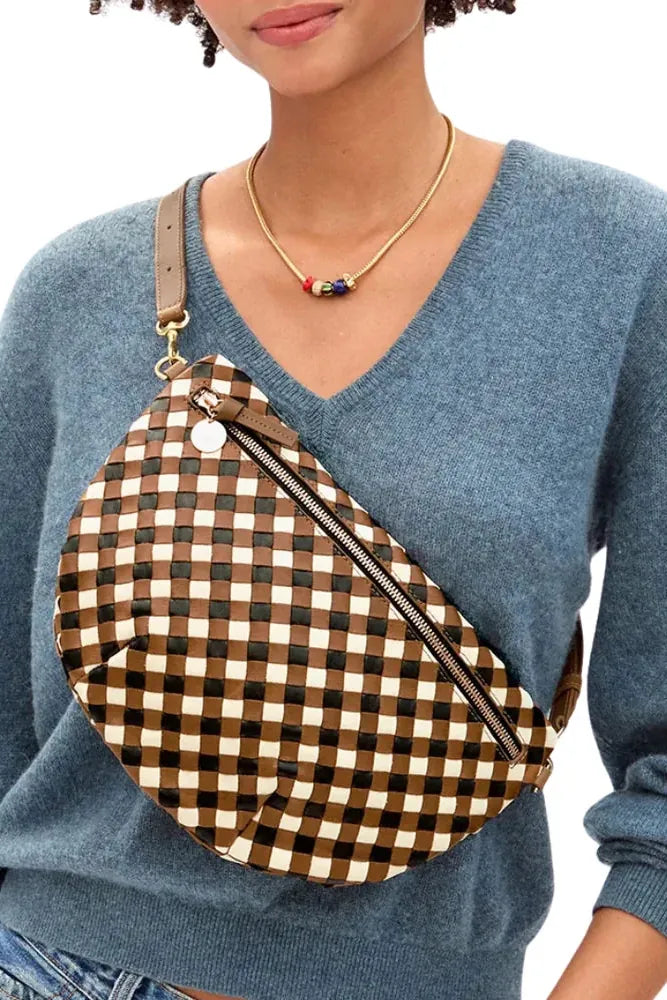 Clare V. Grande Fanny Diagonal Woven Checker in Oat Multi
