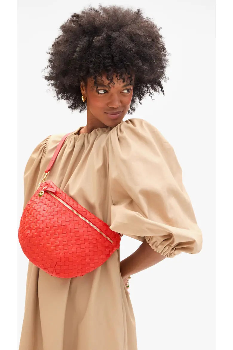 Clare V. Grande Fanny Diagonal Woven Checker in Bright Poppy