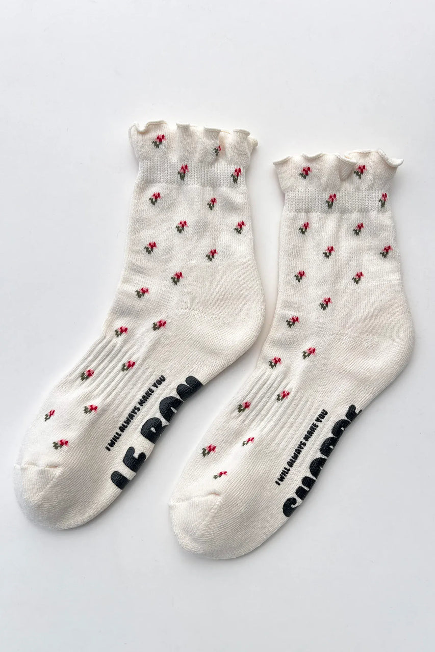 Le Bon Shoppe Petal Ruffled Hugger Crew Socks in Cream petal