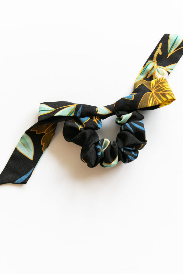 Midnight Black Floral Tie w/ Bow Scrunchie